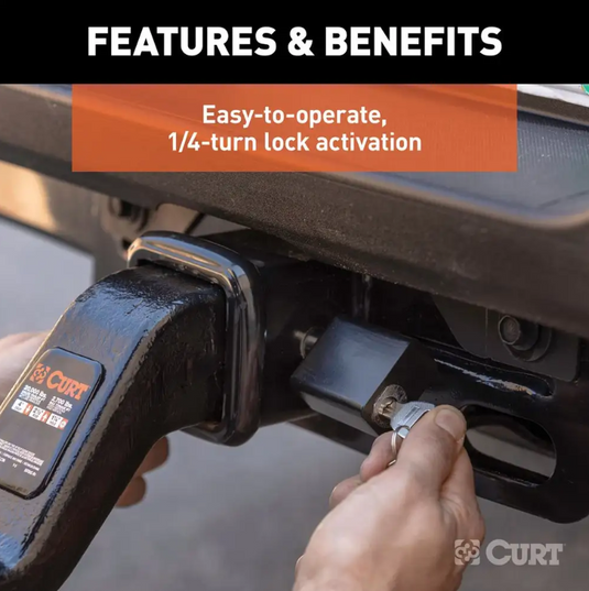 Curt locking hitch pin featuring a 5/8" pin fitting a 2", 2-1/2", or 3" receiver tube size