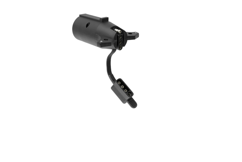 Load image into Gallery viewer, Curt 7 Blade to 4-way flat plug adapter featuring a vehicle-side wiring LED tester.
