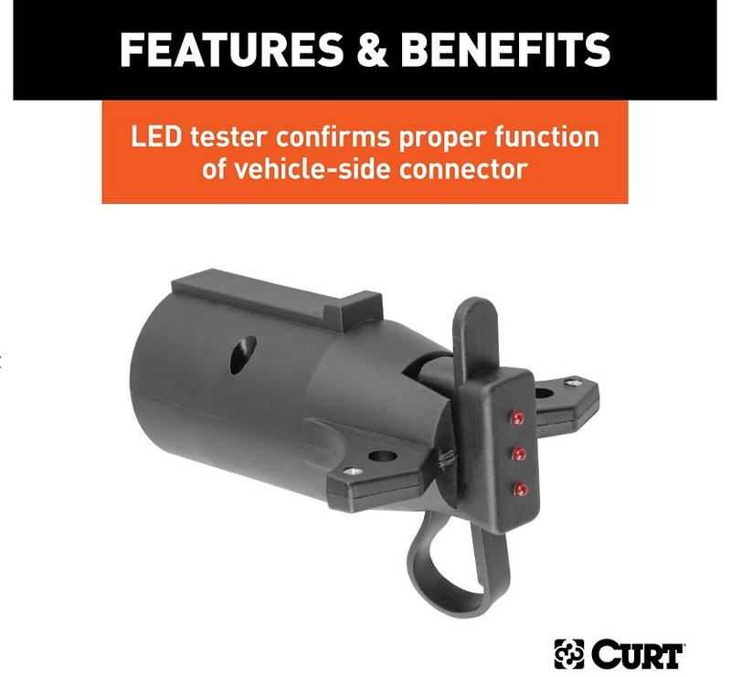 Load image into Gallery viewer, Curt 7 Blade to 4-way flat plug adapter featuring a vehicle-side wiring LED tester.
