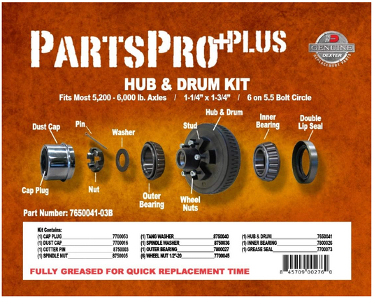 Dexter hub kit including bearings, seals, nut, washers, and dust cap.
