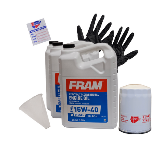Oil Change Bundle for an HD truck including conventional oil, standard filter, funnel, nitrile gloves, and a window sticker